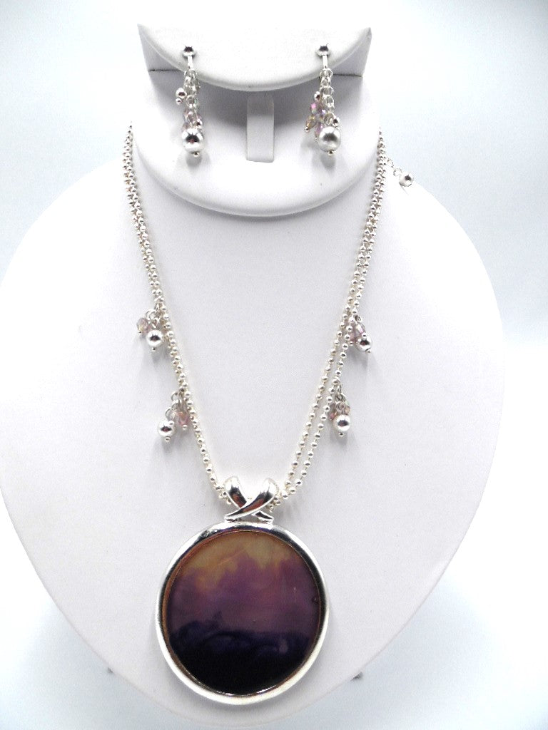 Clip on double silver necklace set w/purple multi colored pendant