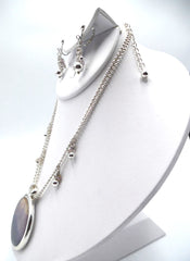 Clip on double silver necklace set w/purple multi colored pendant