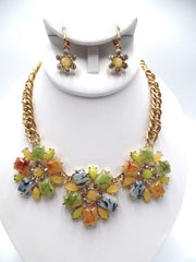Clip on gold chain speckled multi colored flower necklace & earring set