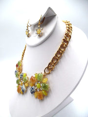 Clip on gold chain speckled multi colored flower necklace & earring set