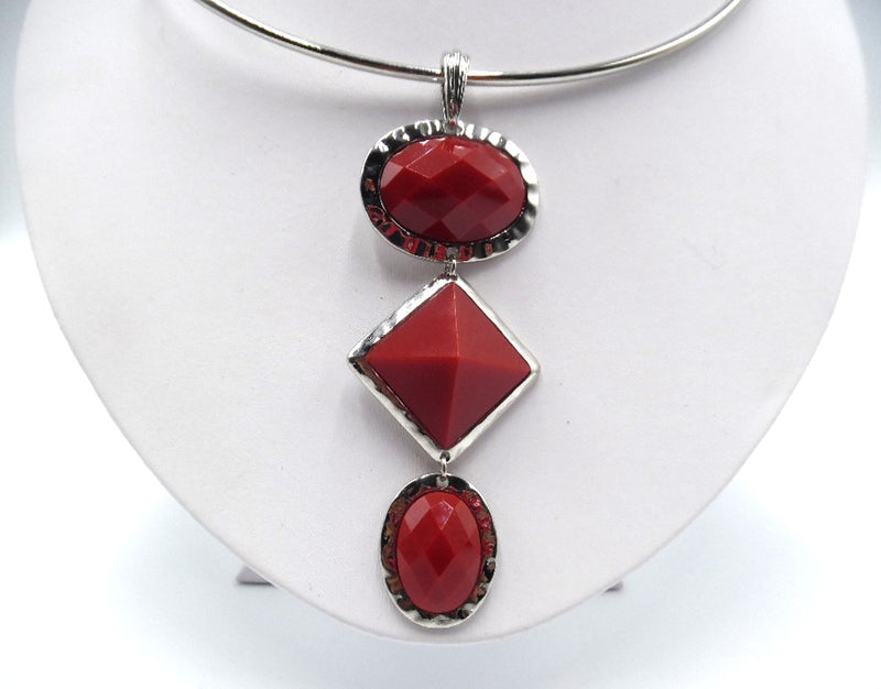 Clip on silver wire neck cuff red stone long pendant necklace and earring set