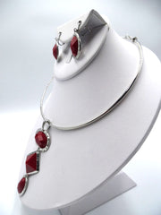 Clip on silver wire neck cuff red stone long pendant necklace and earring set