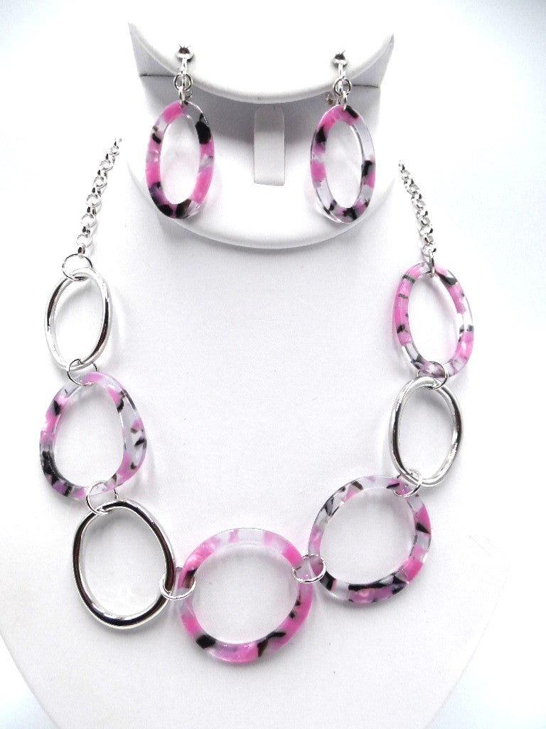 Pierced silver chain and black swirl circle necklace and earring set