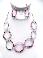 Clip on silver chain shiny pink pearl braided necklace and earring set