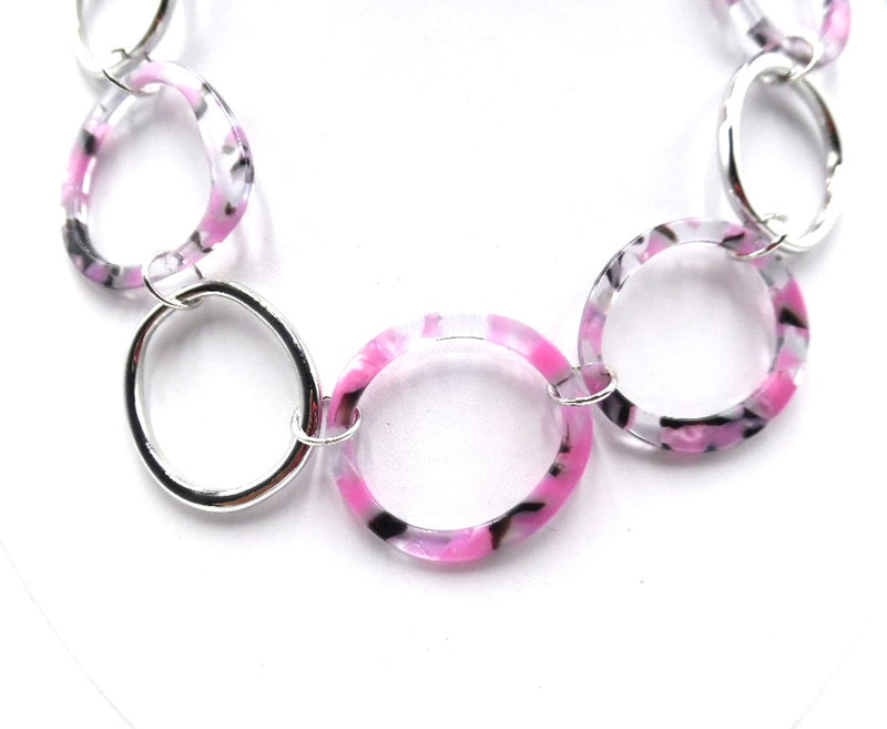 Clip on silver, pink, black & clear hoop necklace and earring set