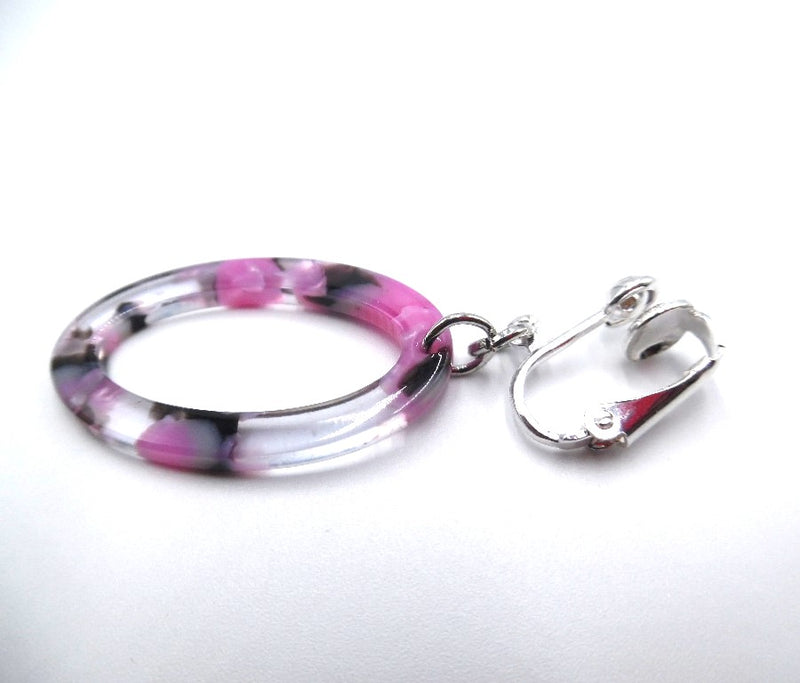 Clip on silver, pink, black & clear hoop necklace and earring set