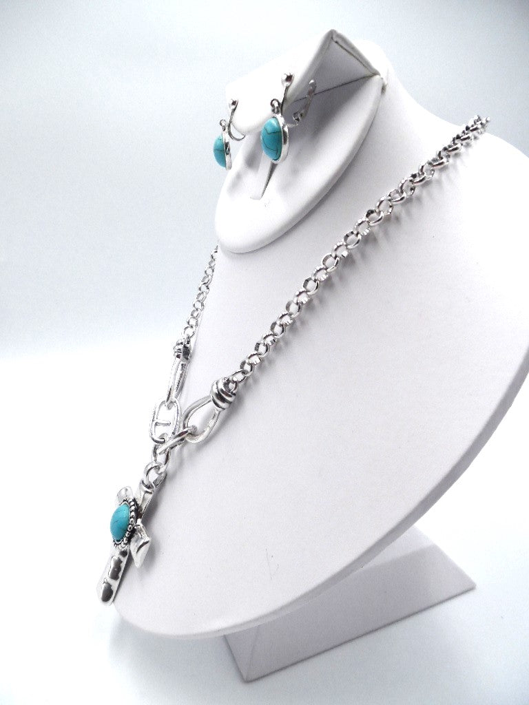 Clip on silver and turquoise stone cross necklace and earring set