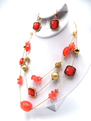 Clip on multi strand gold and orange-peach bead necklace set