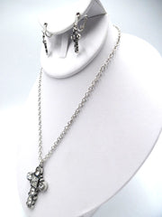Clip on silver clear stone Cross necklace and earring set