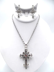 Clip on silver chain clear stone pointed cross necklace and earring set