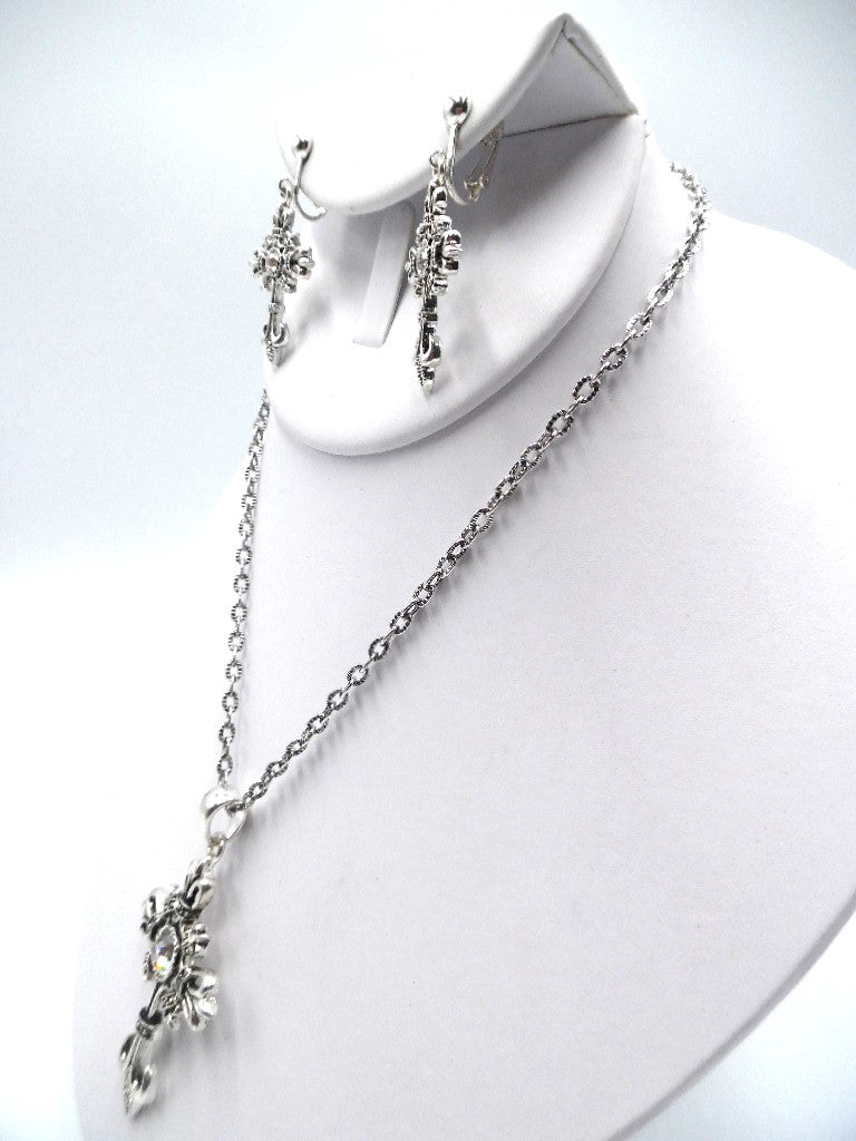 Clip on silver chain clear stone pointed cross necklace and earring set
