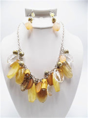 Clip on silver chain, yellow multi colored odd shaped bead necklace set