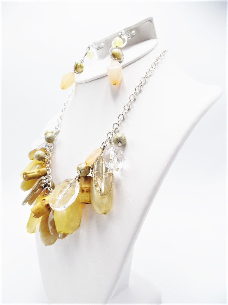 Clip on silver chain, yellow multi colored odd shaped bead necklace set