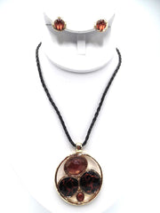 Pierced gold and brown stone black cord necklace and earring set
