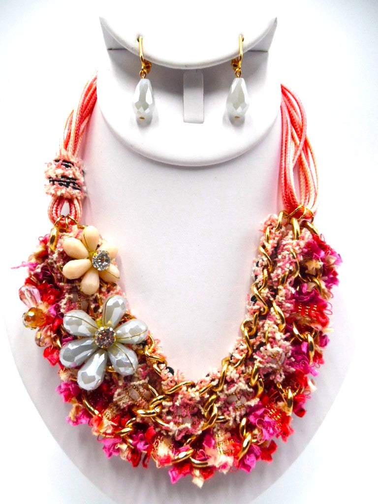 Clip on gold multi strand pink fabric flower necklace and earring set