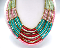 Clip on brass pink multi colored wide seed bead necklace set