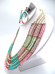 Clip on brass pink multi colored wide seed bead necklace set