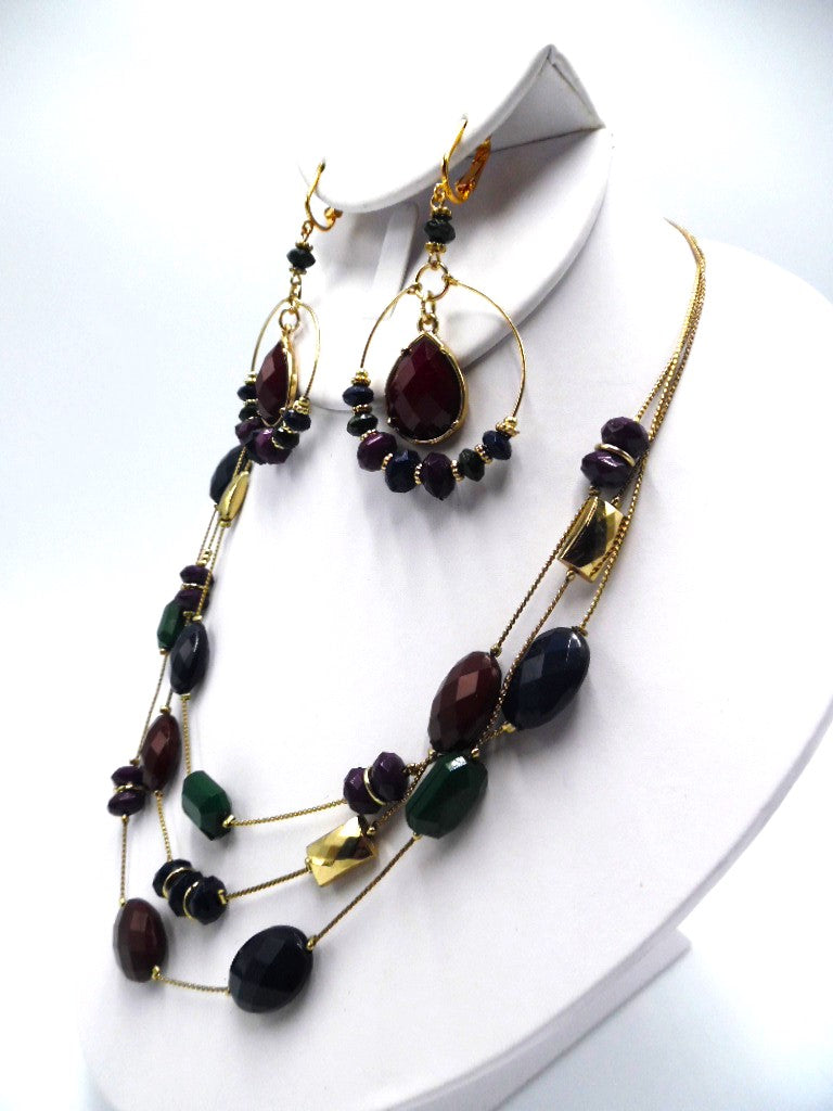Clip on on multi strand burgundy multi colored bead necklace set