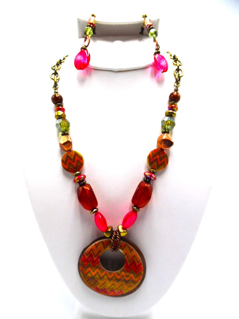 Clip on brass and brown multi colored bead necklace set w/shell pendant