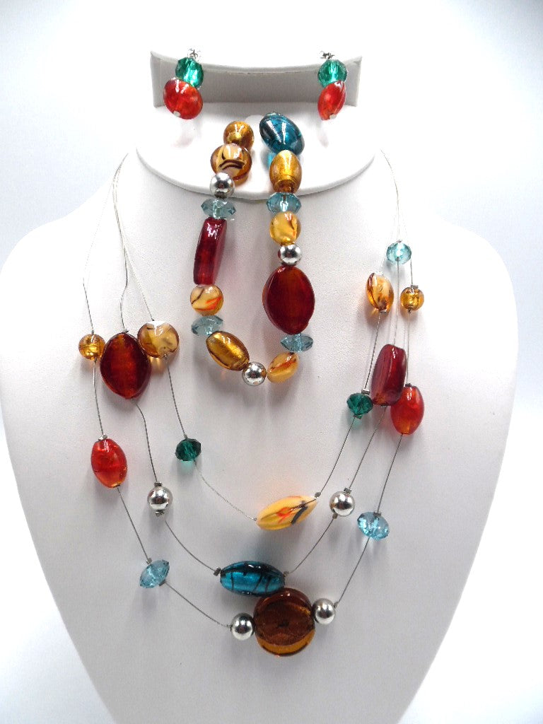 3pc clip on multi colored beaded necklace, earrings and stretch bracelet set