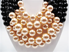 Clip on 5 strand gold, black and beige pearl necklace and earring set