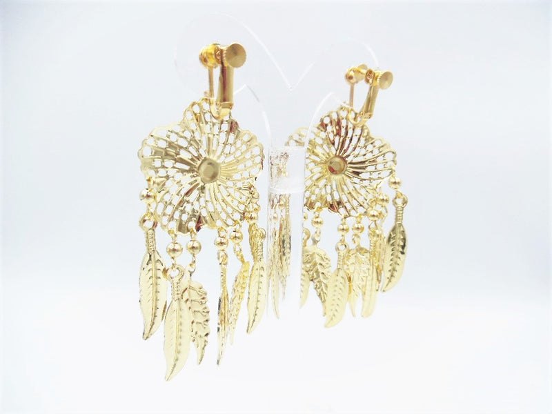 Clip on 3 1/2" gold flower screw back earrings with dangle feathers