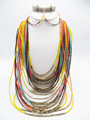 Clip on brass XXL orange multi strand seed bead necklace and hoop earring set