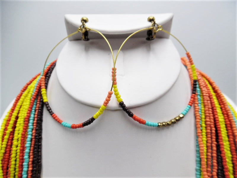 Clip on brass XXL orange multi strand seed bead necklace and hoop earring set