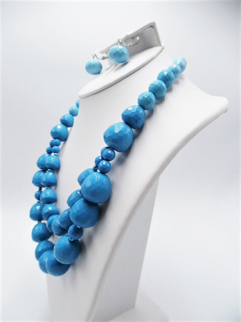 Clip on silver and ombre blue graduated necklace & earring set