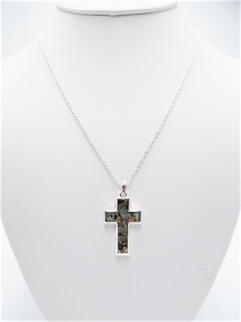Necklace-Silver chain marble brown & green cross necklace