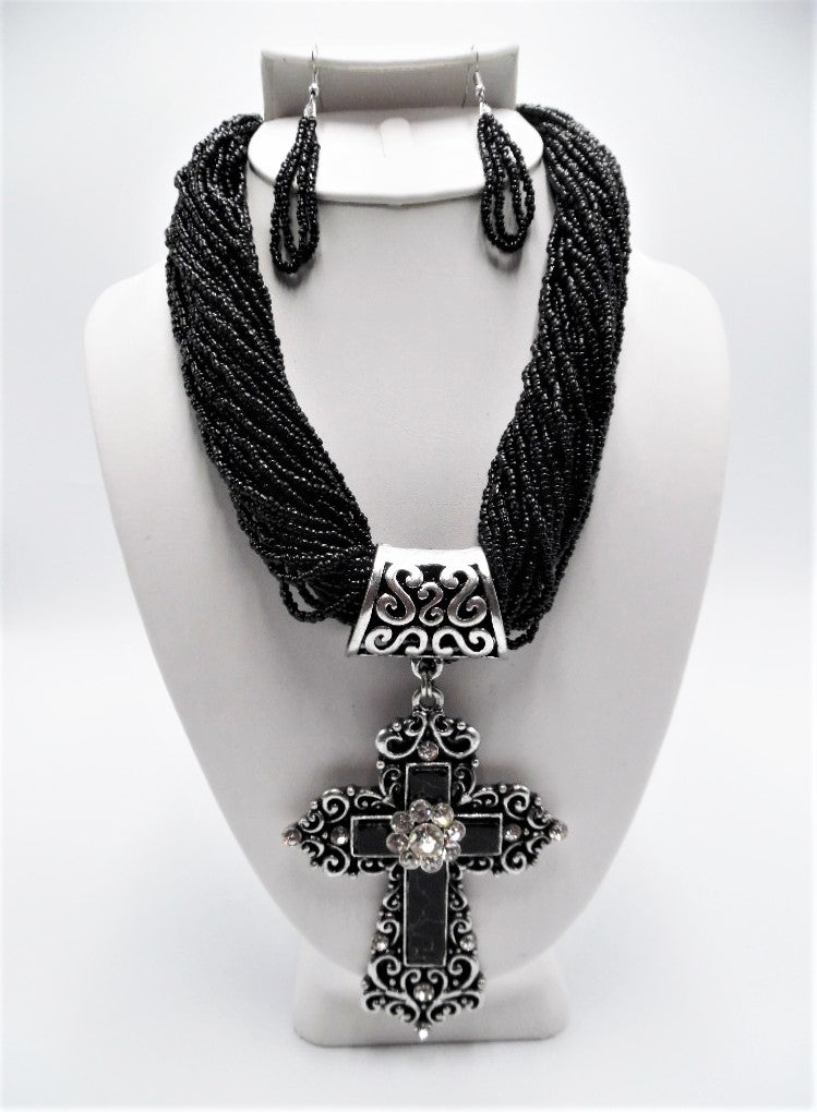 Pierced silver and black seed bead Xlarge cross necklace & earring set