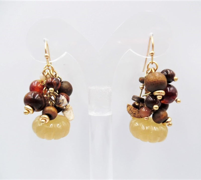 Pierced 1 3/4" gold, brown wood dangle odd shaped bead cluster earrings