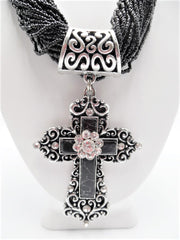 Pierced silver and black seed bead Xlarge cross necklace & earring set