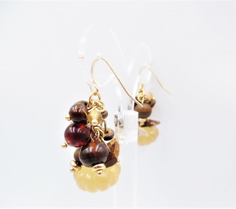 Pierced 1 3/4" gold, brown wood dangle odd shaped bead cluster earrings
