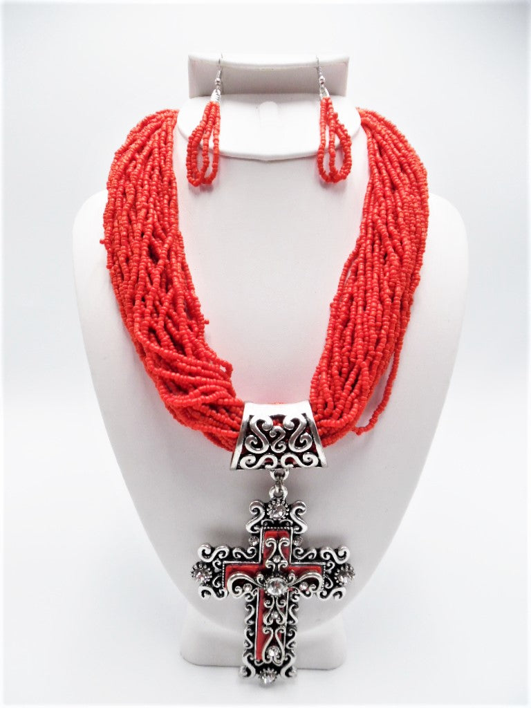 Pierced silver and red seed bead Xlarge cross necklace & earring set