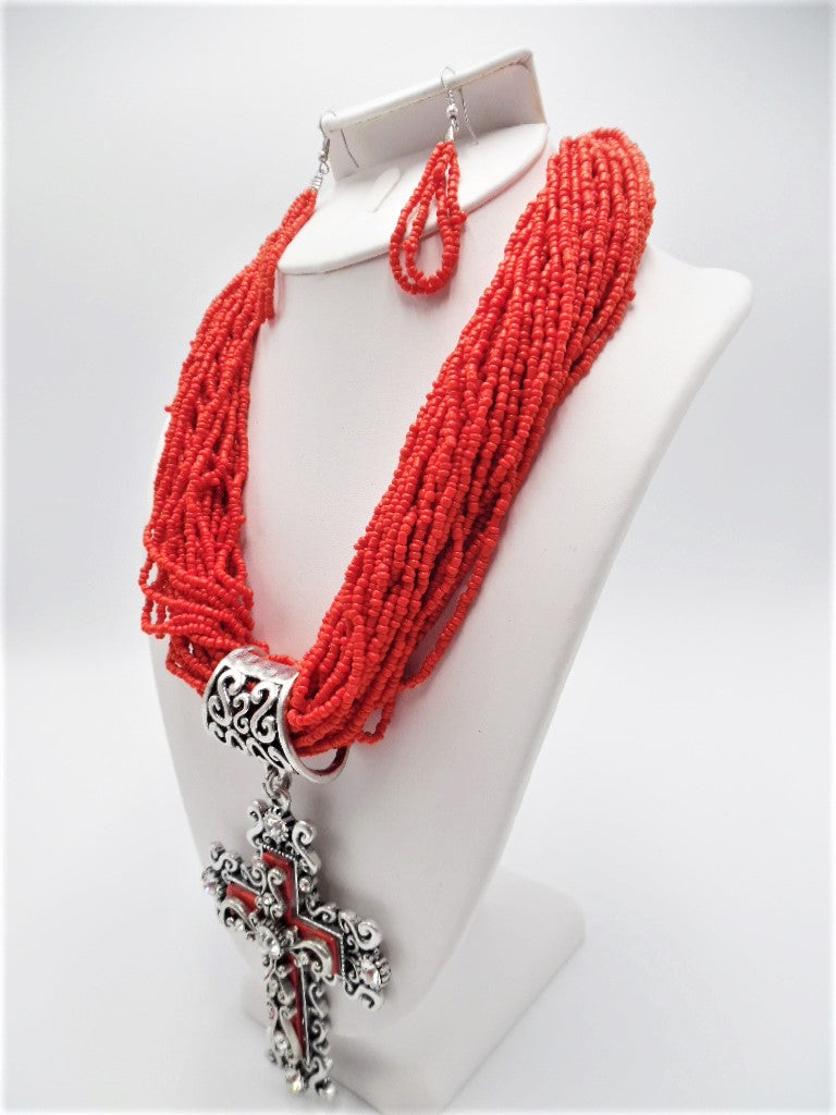 Pierced silver and red seed bead Xlarge cross necklace & earring set