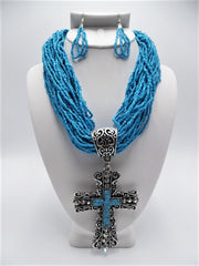 Pierced silver and blue seed bead Xlarge cross necklace & earring set