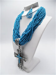 Pierced silver and blue seed bead Xlarge cross necklace & earring set