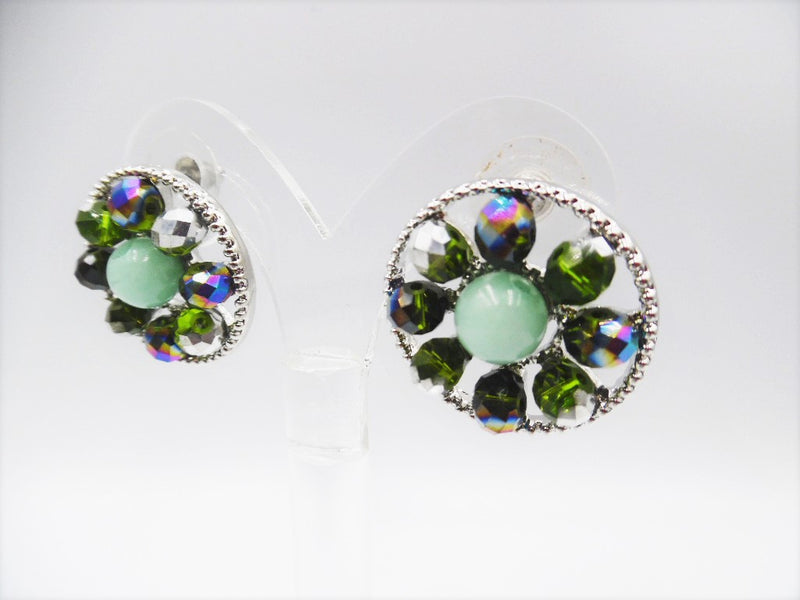 Pierced 1" silver and green fluorescent bead round earrings