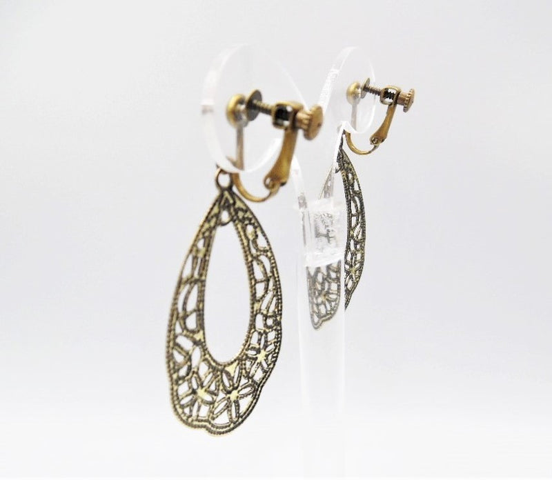 Clip on 2 1/2" cutout flower brass lightweight dangle earrings