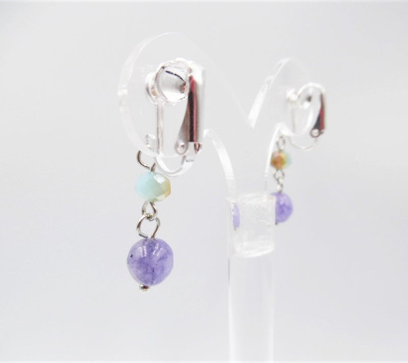 Clip on 1 1/2" silver white, brown and purple bead dangle earrings