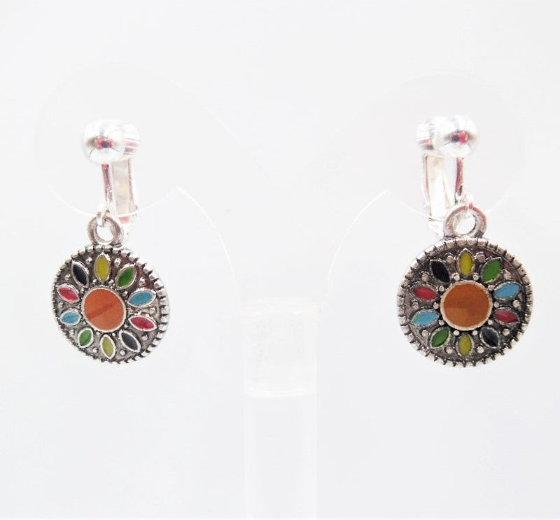 Clip on 1 1/4" silver and multi colored small circle dangle earrings