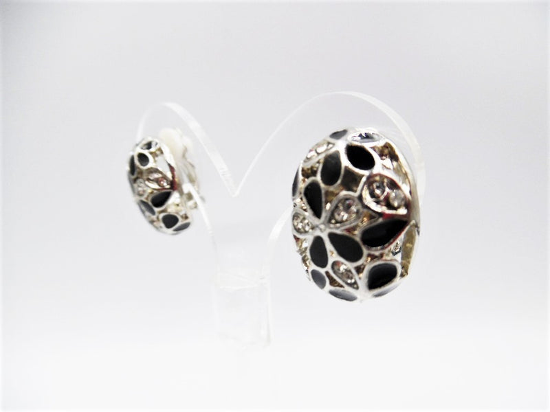 Clip on 3/4" silver and black clear stone cutout scoop style earrings