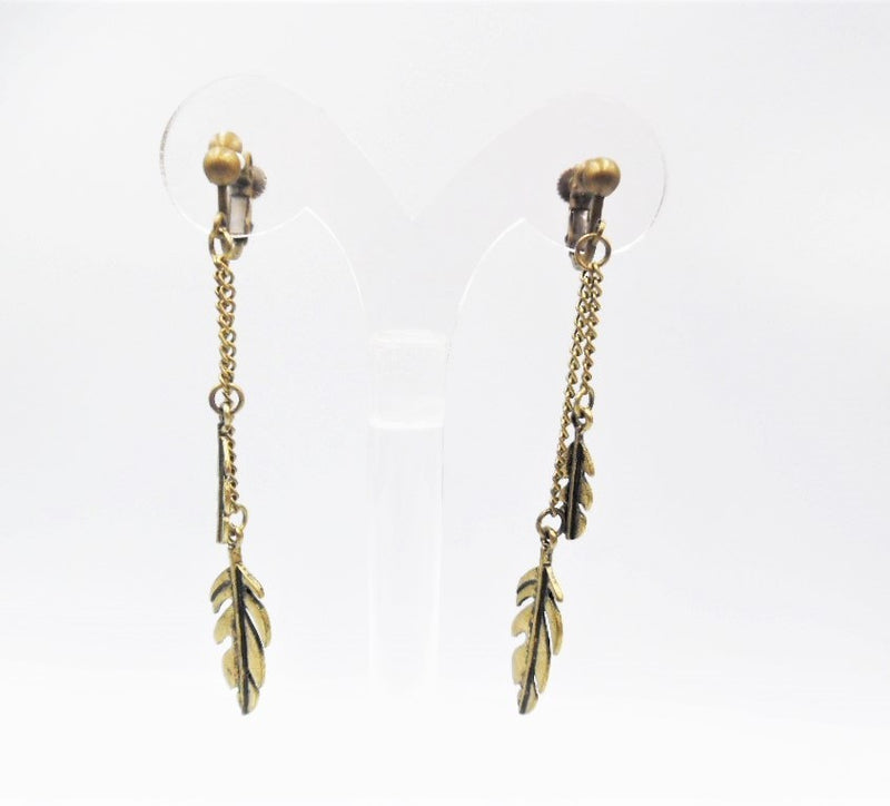 Clip on 3" brass double chain lightweight dangle leaf earrings