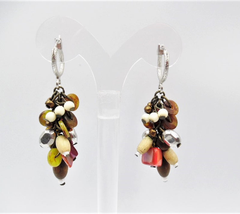 Pierced 2 1/2" silver hoop earrings with dangle brown multi colored beads