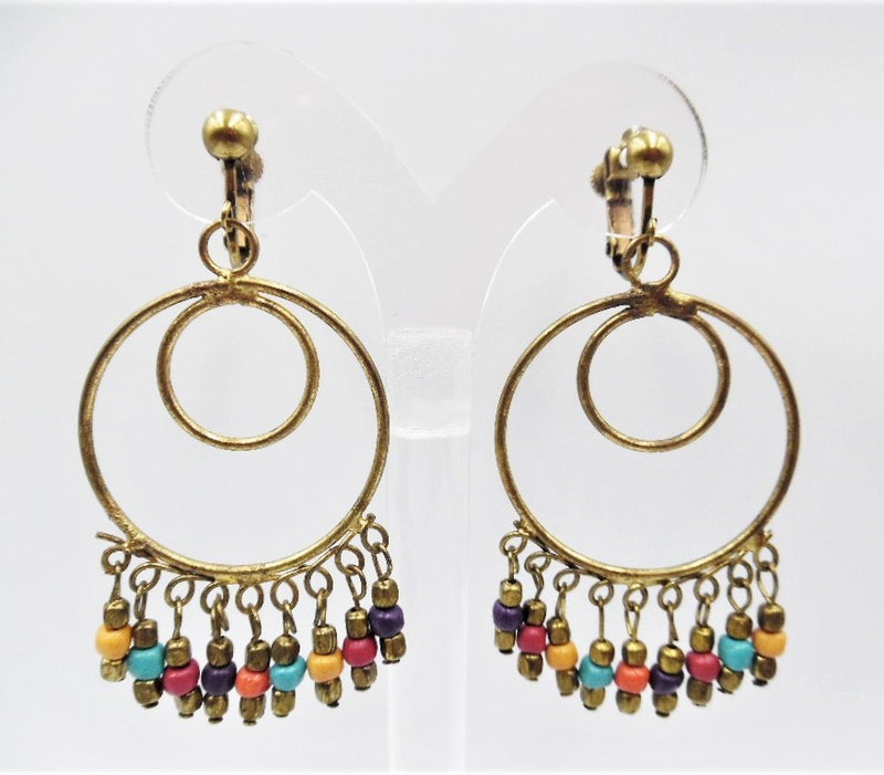 Clip on 2 3/4" brass double hoop earrings w/multi colored beads