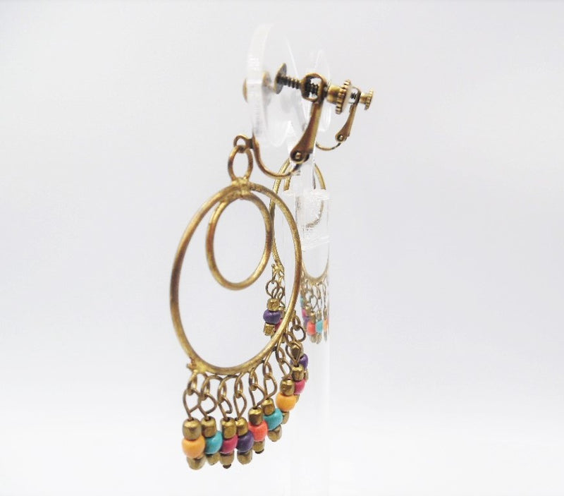 Clip on 2 3/4" brass double hoop earrings w/multi colored beads