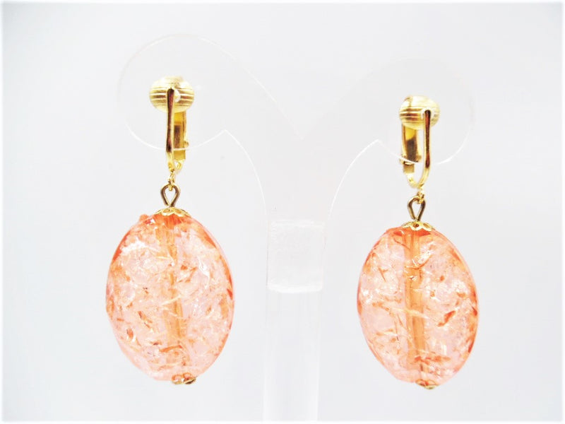 Clip on 2 1/4" gold and orange crackle dangle earrings