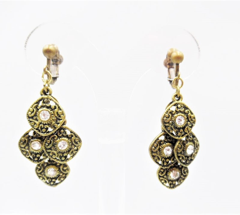 Clip on 2" brass textured layered square dangle earrings with clear stones