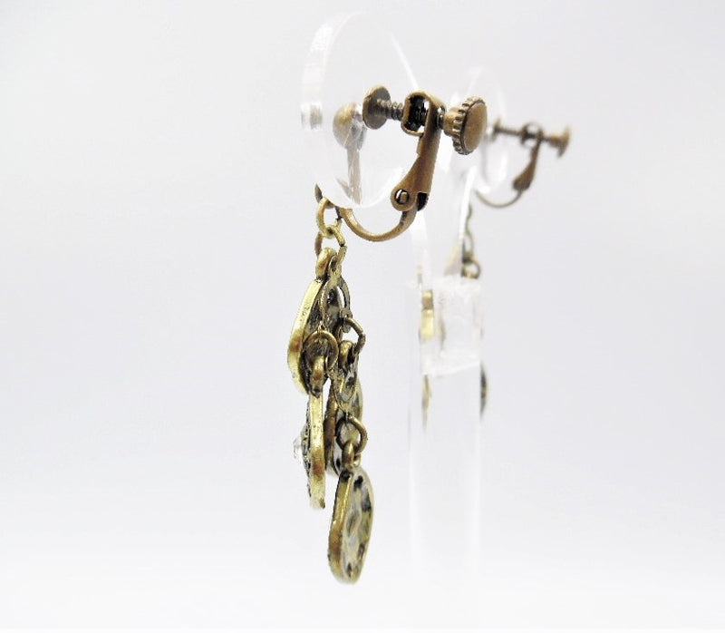 Clip on 2" brass textured layered square dangle earrings with clear stones